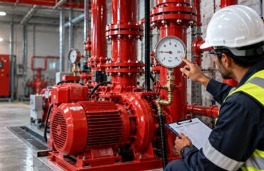 Firefighter technician in white hard hat and yellow safety vest inspecting pressure gauge on red industrial fire pump system in Dubai facility